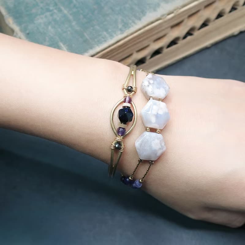 VIIART。小花園-紫芋。櫻花瑪瑙紫水晶古著金黃銅手鍊限量發售