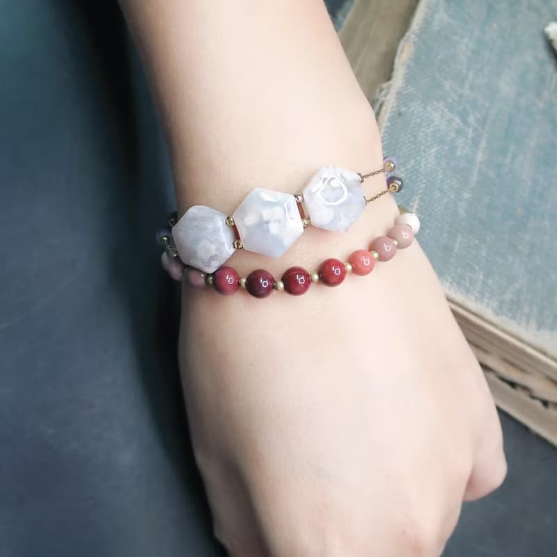 VIIART。小花園-紫芋。櫻花瑪瑙紫水晶古著金黃銅手鍊限量發售