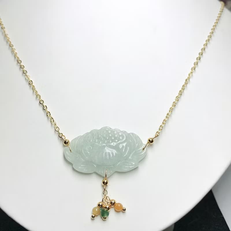 冰種翡翠蓮花設計款項鍊 14K包金 | 天然緬甸玉A貨翡翠 |  送禮