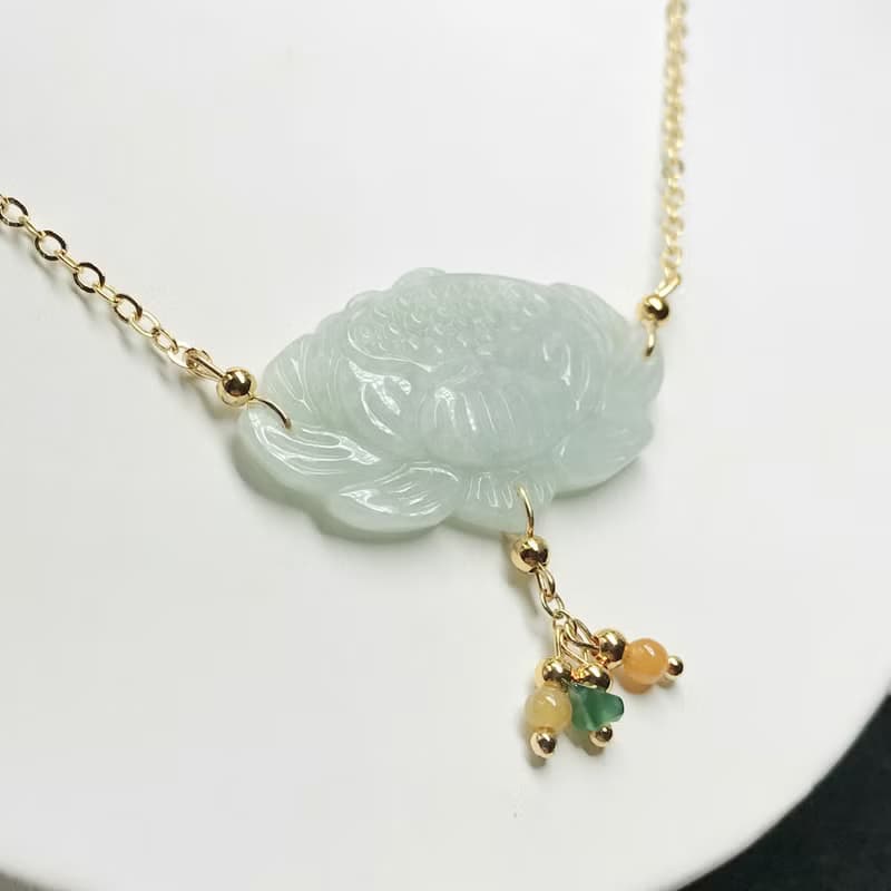 冰種翡翠蓮花設計款項鍊 14K包金 | 天然緬甸玉A貨翡翠 |  送禮