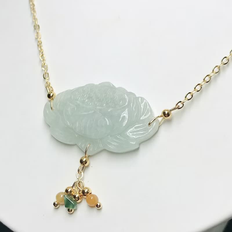 冰種翡翠蓮花設計款項鍊 14K包金 | 天然緬甸玉A貨翡翠 |  送禮