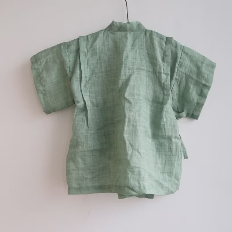 福利品 | 成長過渡調整型綁帶日式甚平兒童上衣 |  純麻 | 初芽綠