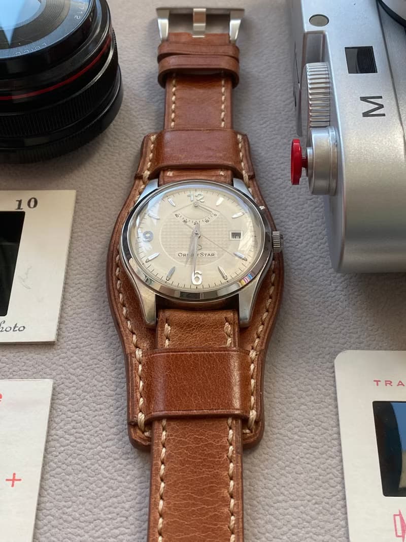懷舊淺咖啡色皮革底托款錶帶適用20mm 19mm錶耳 勞力士適用錶帶