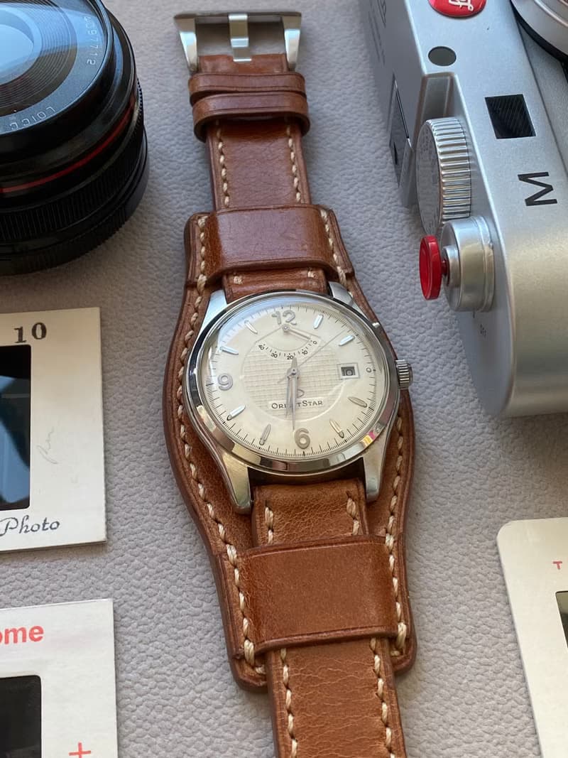 懷舊淺咖啡色皮革底托款錶帶適用20mm 19mm錶耳 勞力士適用錶帶