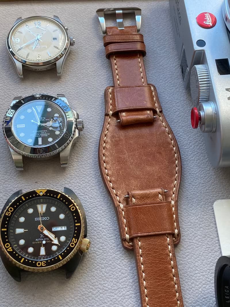 懷舊淺咖啡色皮革底托款錶帶適用20mm 19mm錶耳 勞力士適用錶帶