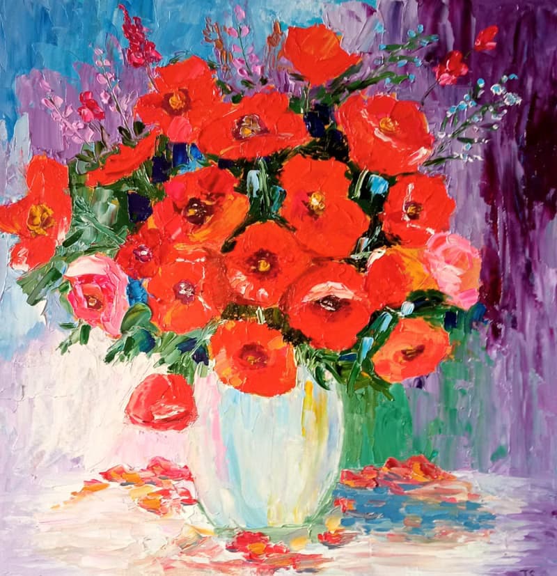 Original author's oil painting Poppies bouquet. 30x30 cm. Unframed