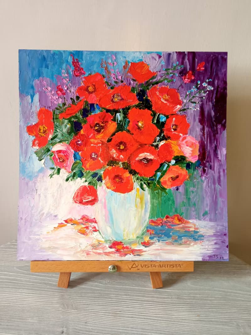 Original author's oil painting Poppies bouquet. 30x30 cm. Unframed