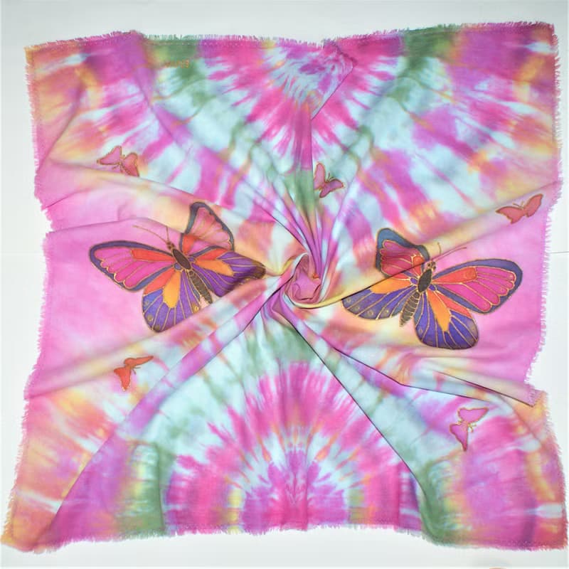 Square cotton scarf Cotton scarf batik Hand painted scarf with butterflies