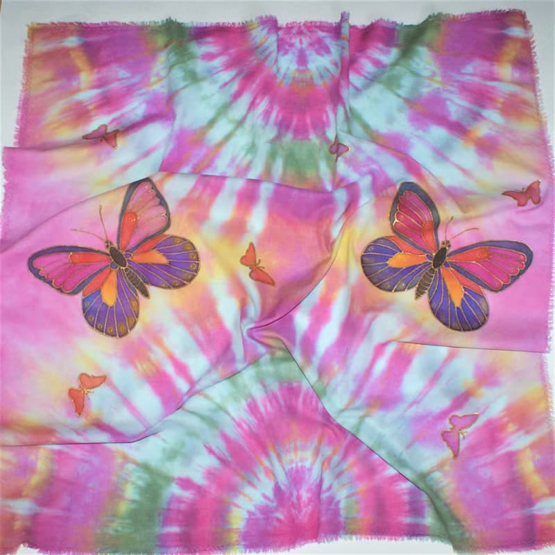 Square cotton scarf Cotton scarf batik Hand painted scarf with butterflies