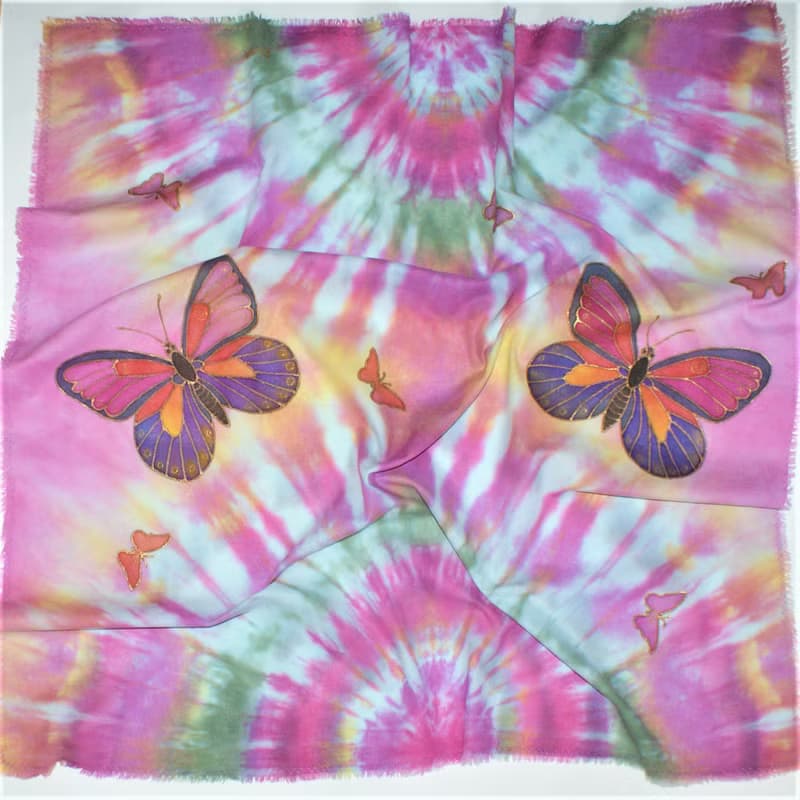 Square cotton scarf Cotton scarf batik Hand painted scarf with butterflies