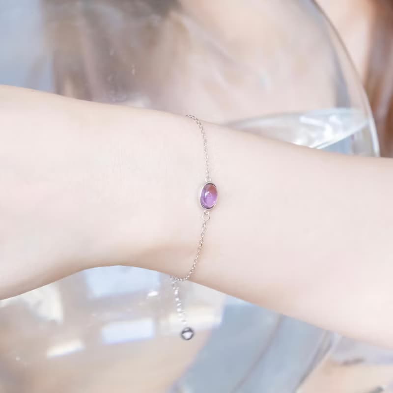 紫水晶925純銀橢圓簡約鑲邊手鍊