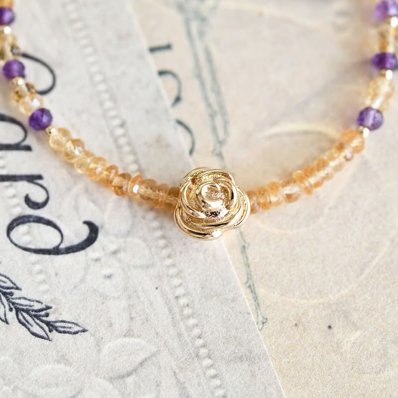 最強コンビ シトリンとアメジスト　薔薇のブレスレット　11月2月誕生石
