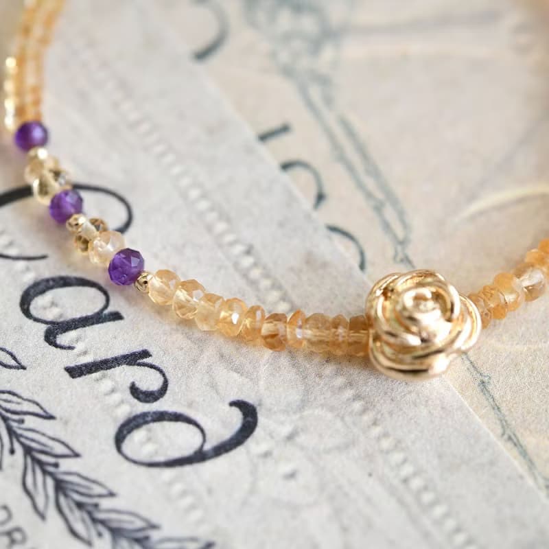 最強コンビ シトリンとアメジスト　薔薇のブレスレット　11月2月誕生石