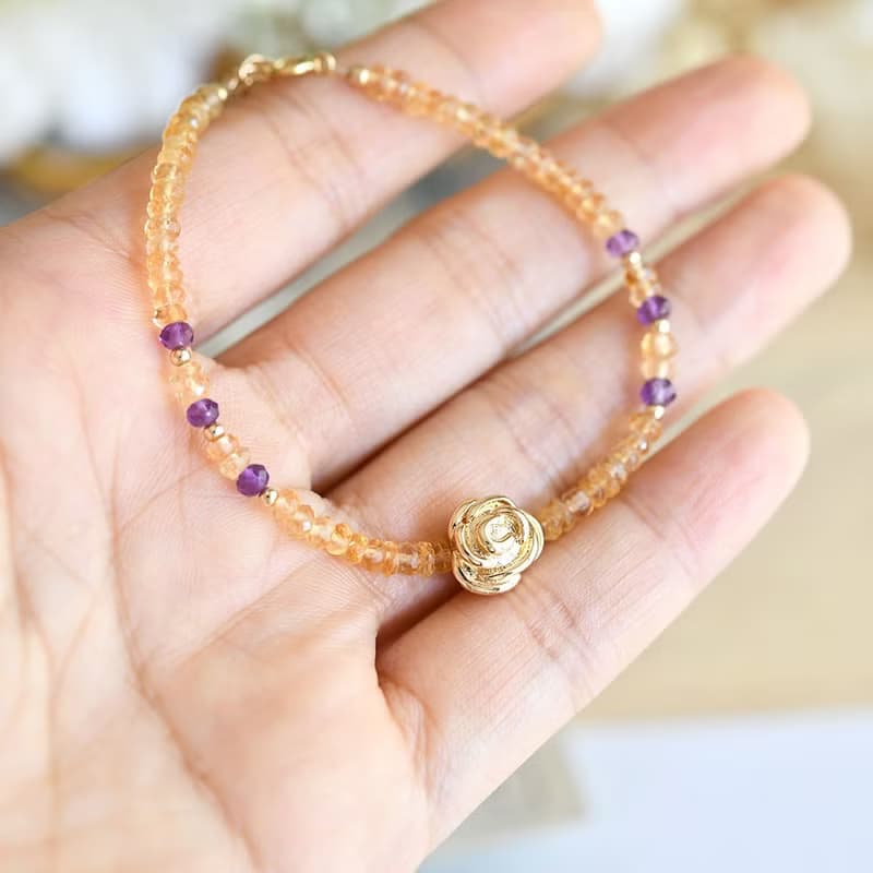 最強コンビ シトリンとアメジスト　薔薇のブレスレット　11月2月誕生石