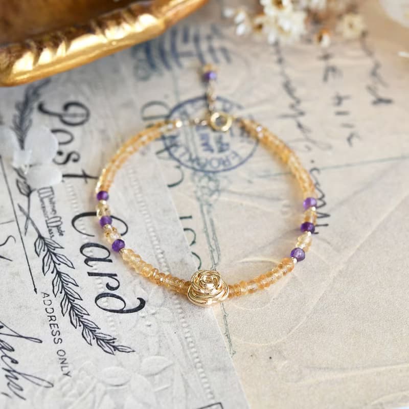 最強コンビ シトリンとアメジスト　薔薇のブレスレット　11月2月誕生石