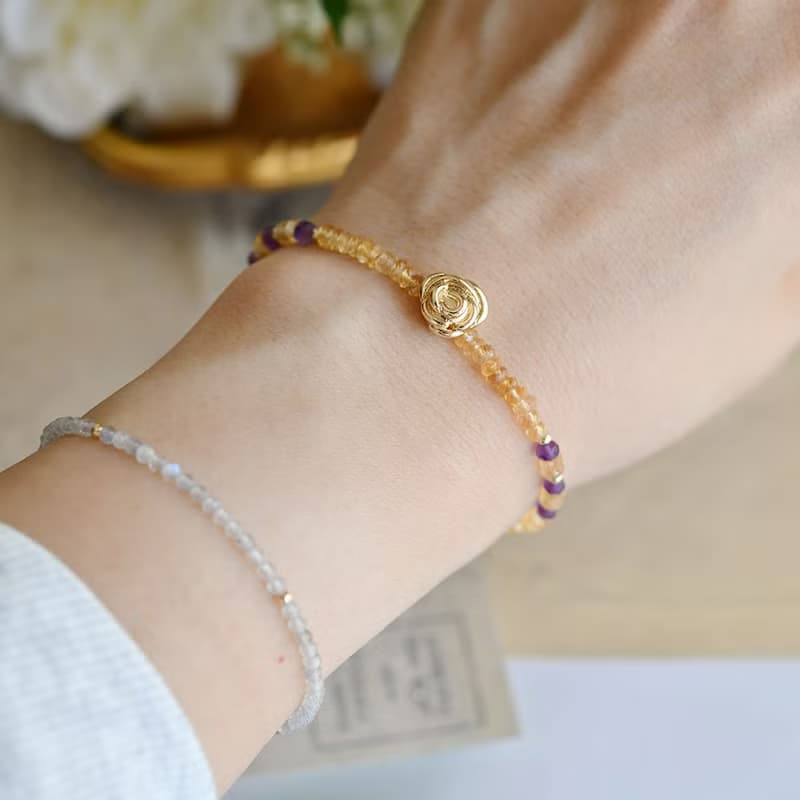 最強コンビ シトリンとアメジスト　薔薇のブレスレット　11月2月誕生石