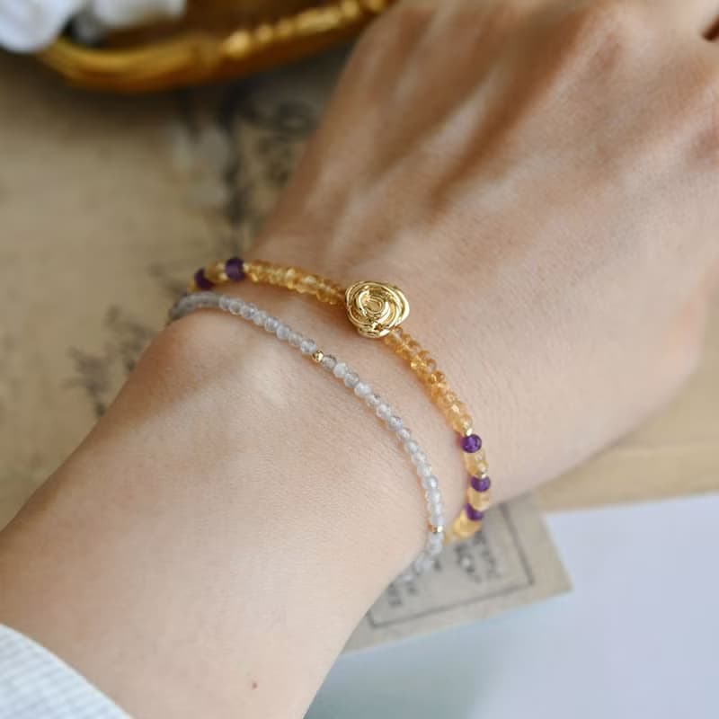 最強コンビ シトリンとアメジスト　薔薇のブレスレット　11月2月誕生石