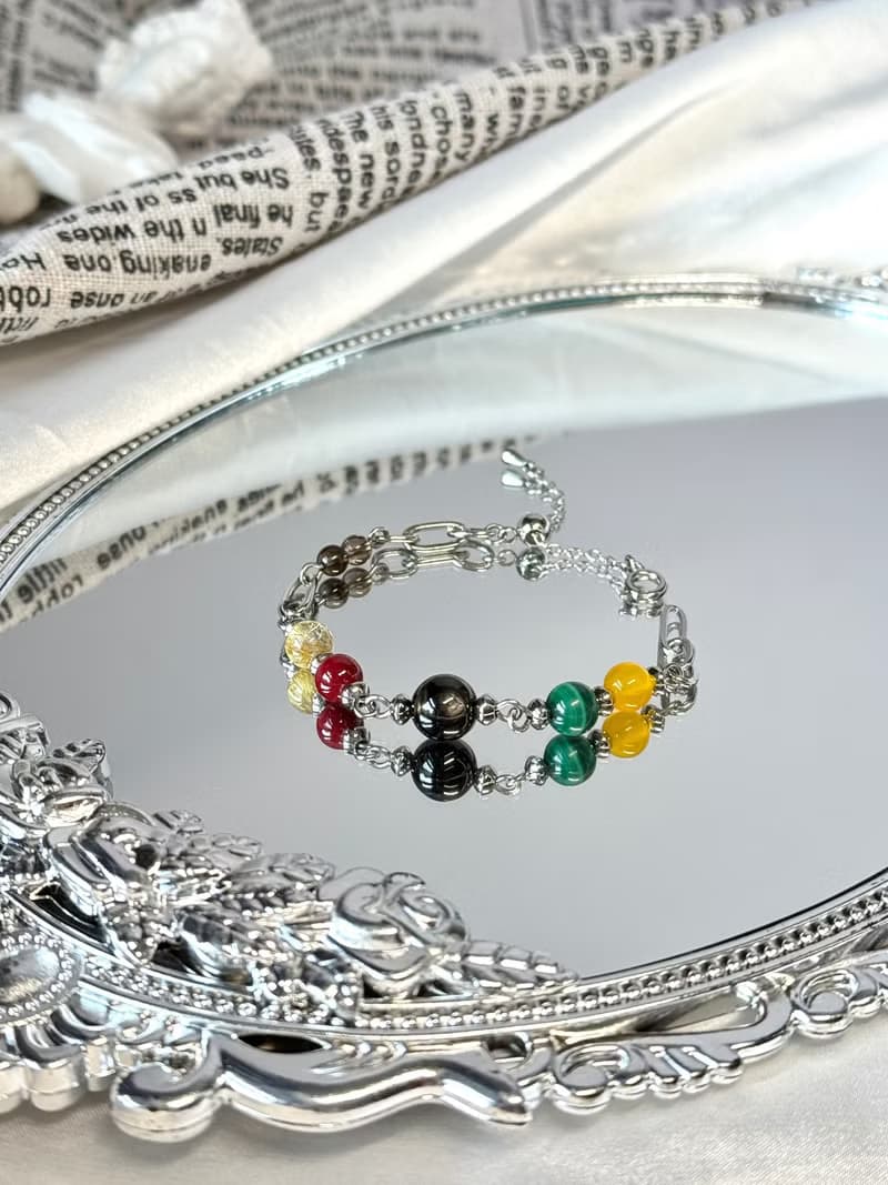 本自俱足五行水晶手鍊 - 金運石/硃砂/鈦晶/孔雀石/瑪瑙