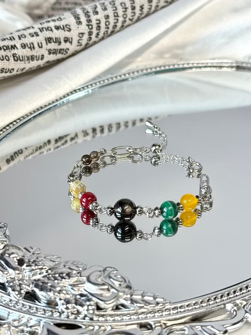 本自俱足五行水晶手鍊 - 金運石/硃砂/鈦晶/孔雀石/瑪瑙