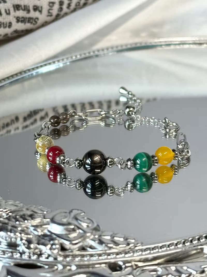 本自俱足五行水晶手鍊 - 金運石/硃砂/鈦晶/孔雀石/瑪瑙