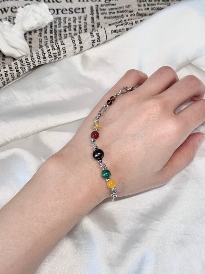 本自俱足五行水晶手鍊 - 金運石/硃砂/鈦晶/孔雀石/瑪瑙