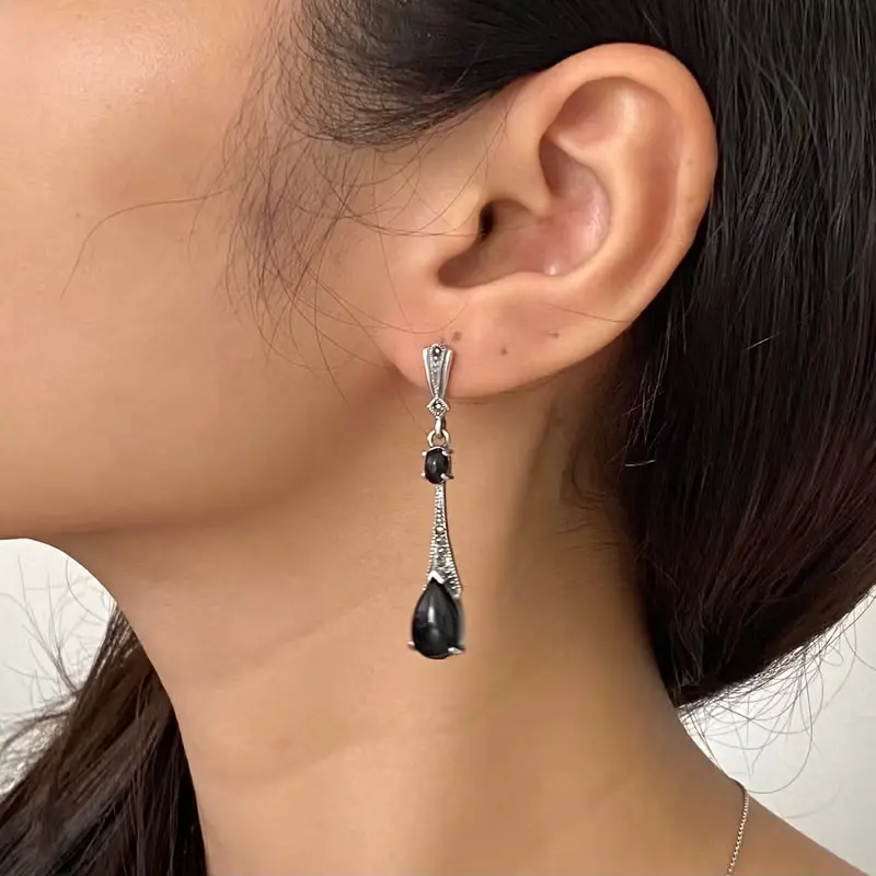 Art Deco Style Long Teardrop Earrings Black Onyx & Marcasite 925 Sterling Silver