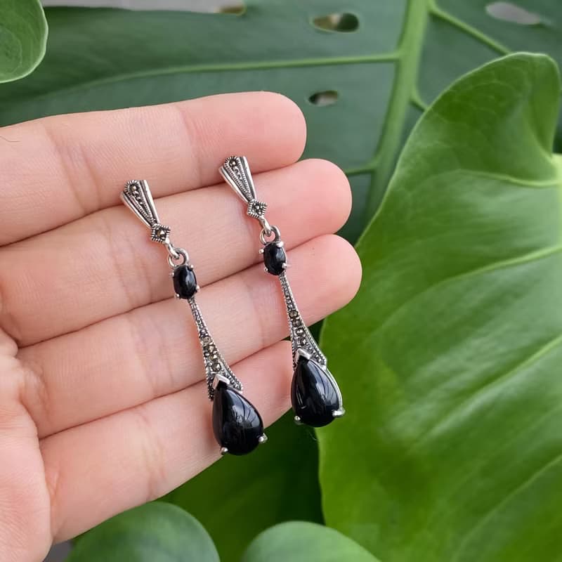 Art Deco Style Long Teardrop Earrings Black Onyx & Marcasite 925 Sterling Silver