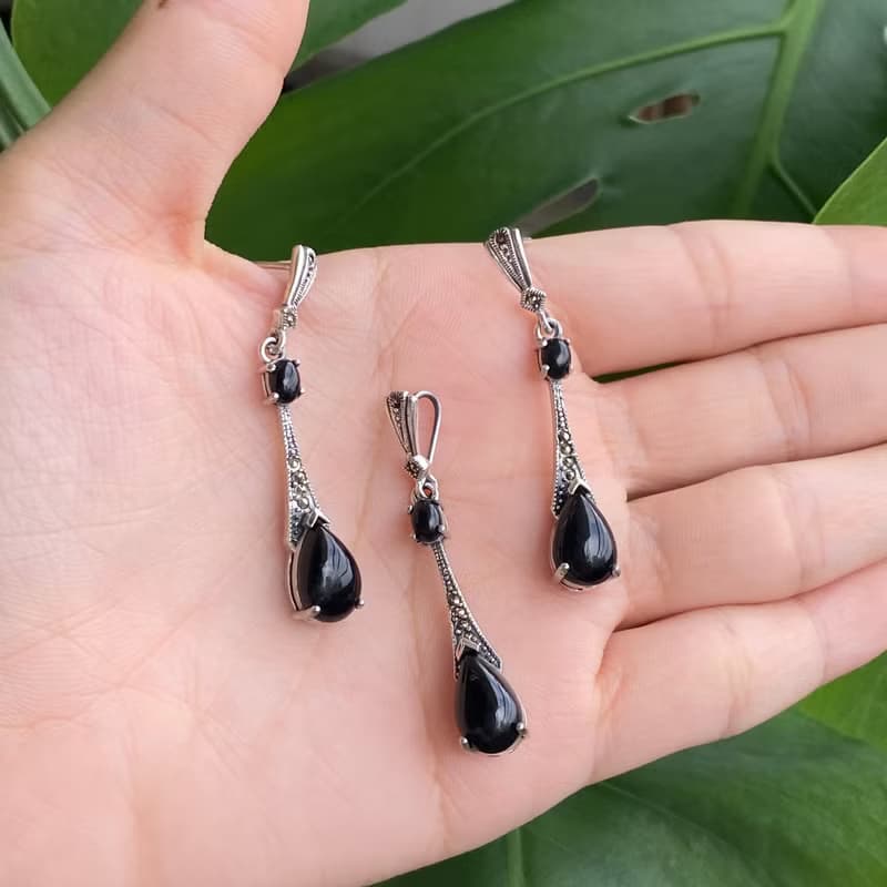 Art Deco Style Long Teardrop Earrings Black Onyx & Marcasite 925 Sterling Silver