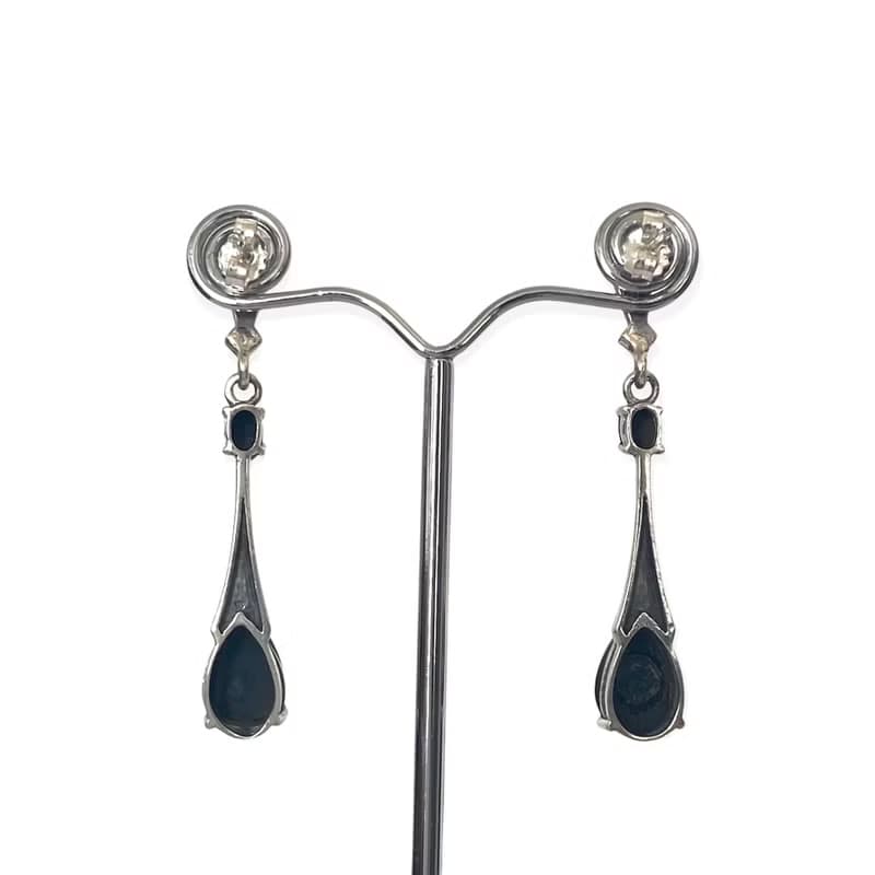 Art Deco Style Long Teardrop Earrings Black Onyx & Marcasite 925 Sterling Silver