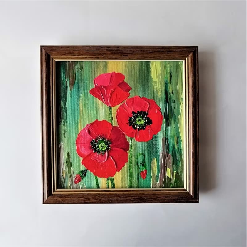 Bouquet flowers of red poppies painting. Wall decoration with hanging painting
