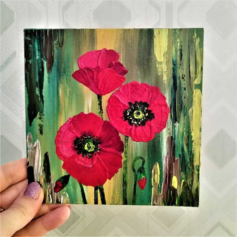 Bouquet flowers of red poppies painting. Wall decoration with hanging painting