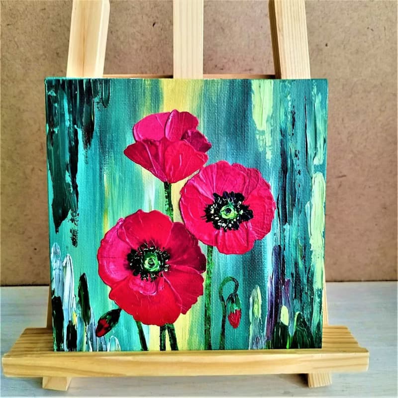 Bouquet flowers of red poppies painting. Wall decoration with hanging painting