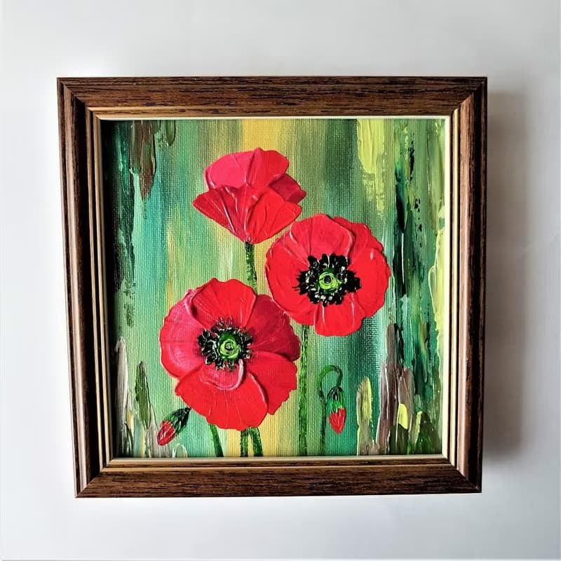 Bouquet flowers of red poppies painting. Wall decoration with hanging painting