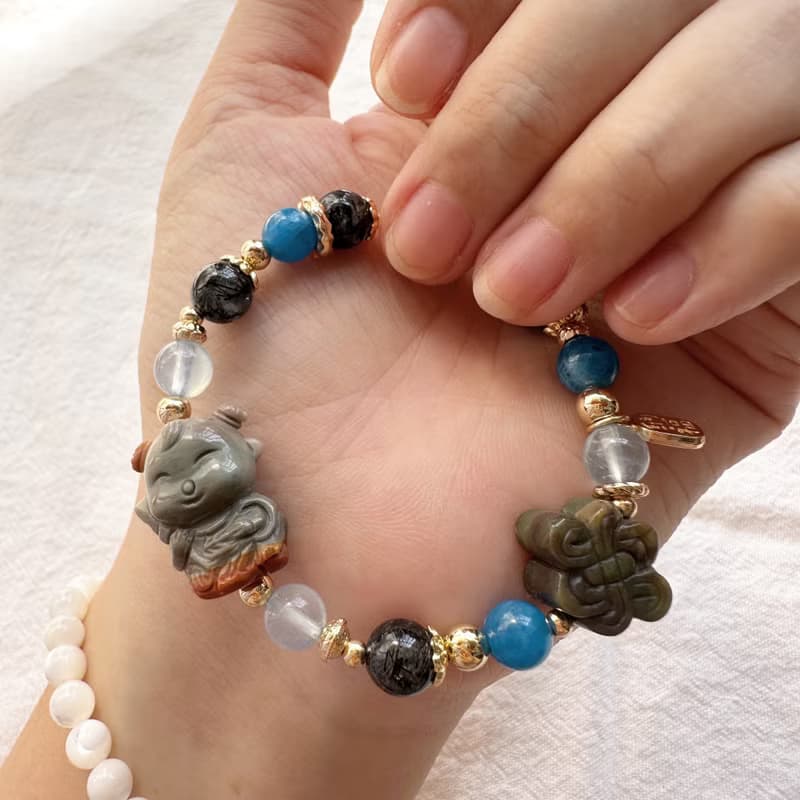 福氣小童心 三太子手鍊 阿拉善手工雕刻 海藍寶 藍磷灰 黑髮晶