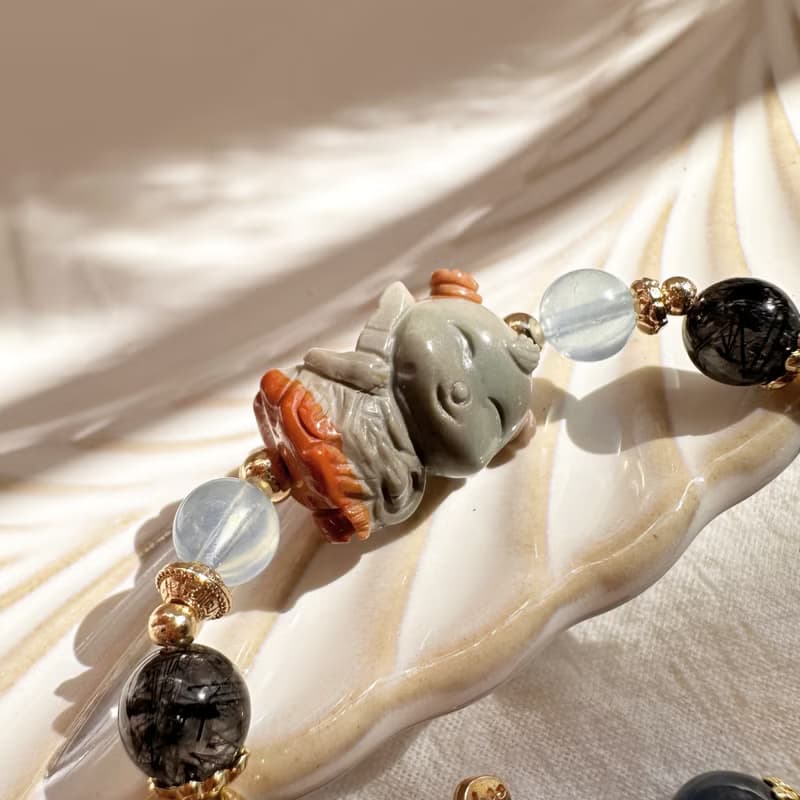 福氣小童心 三太子手鍊 阿拉善手工雕刻 海藍寶 藍磷灰 黑髮晶
