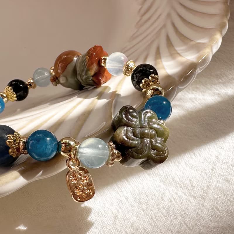 福氣小童心 三太子手鍊 阿拉善手工雕刻 海藍寶 藍磷灰 黑髮晶