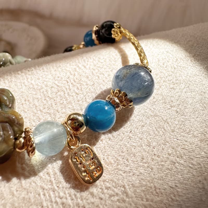 福氣小童心 三太子手鍊 阿拉善手工雕刻 海藍寶 藍磷灰 黑髮晶