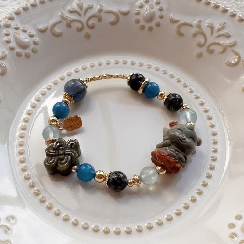 福氣小童心 三太子手鍊 阿拉善手工雕刻 海藍寶 藍磷灰 黑髮晶