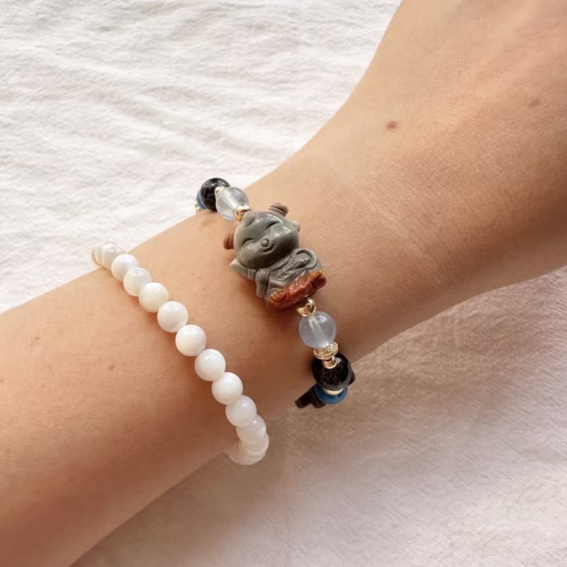 福氣小童心 三太子手鍊 阿拉善手工雕刻 海藍寶 藍磷灰 黑髮晶