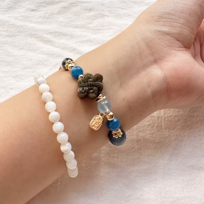 福氣小童心 三太子手鍊 阿拉善手工雕刻 海藍寶 藍磷灰 黑髮晶