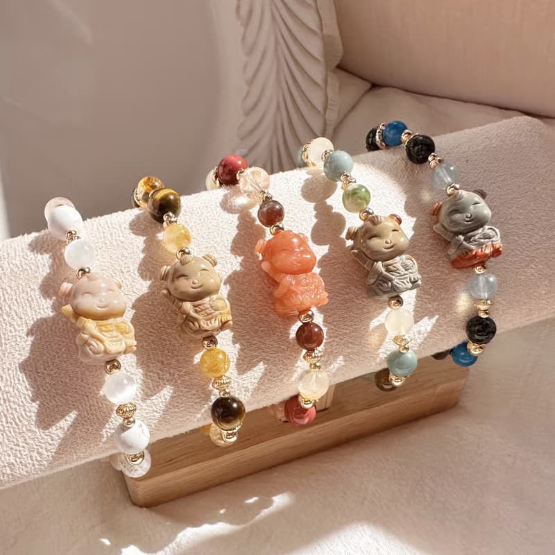 福氣小童心 三太子手鍊 阿拉善手工雕刻 海藍寶 藍磷灰 黑髮晶