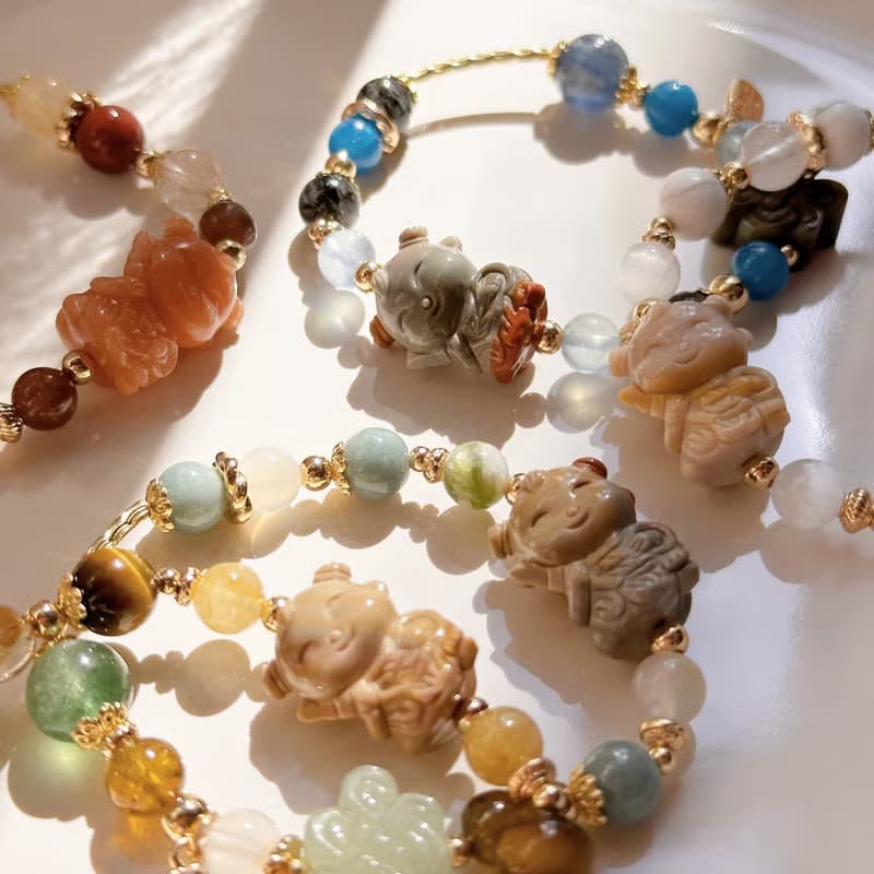 福氣小童心 三太子手鍊 阿拉善手工雕刻 海藍寶 藍磷灰 黑髮晶