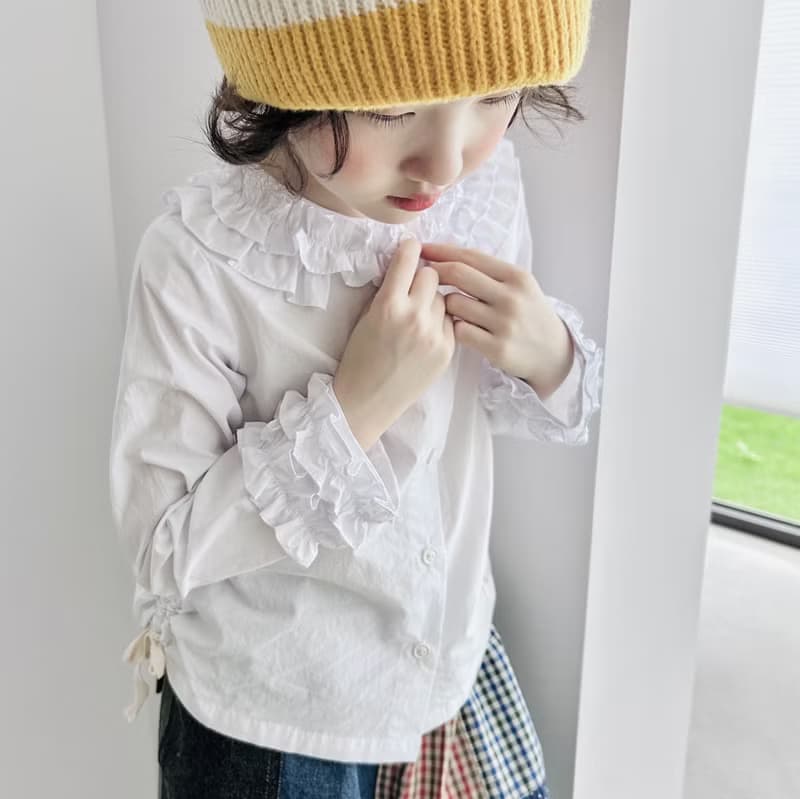 純棉花袖領白色長袖襯衫 / 童裝