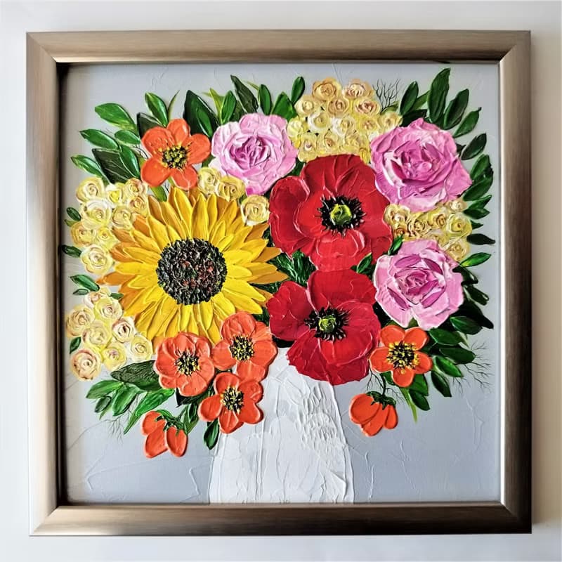 Textured Acrylic Painting Bouquet of Wildflowers in a Vase - Floral Art