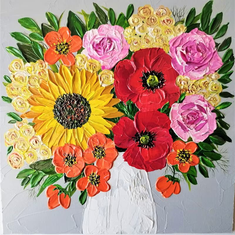 Textured Acrylic Painting Bouquet of Wildflowers in a Vase - Floral Art