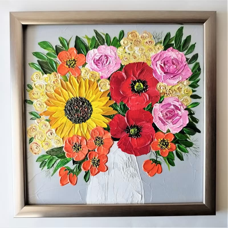 Textured Acrylic Painting Bouquet of Wildflowers in a Vase - Floral Art
