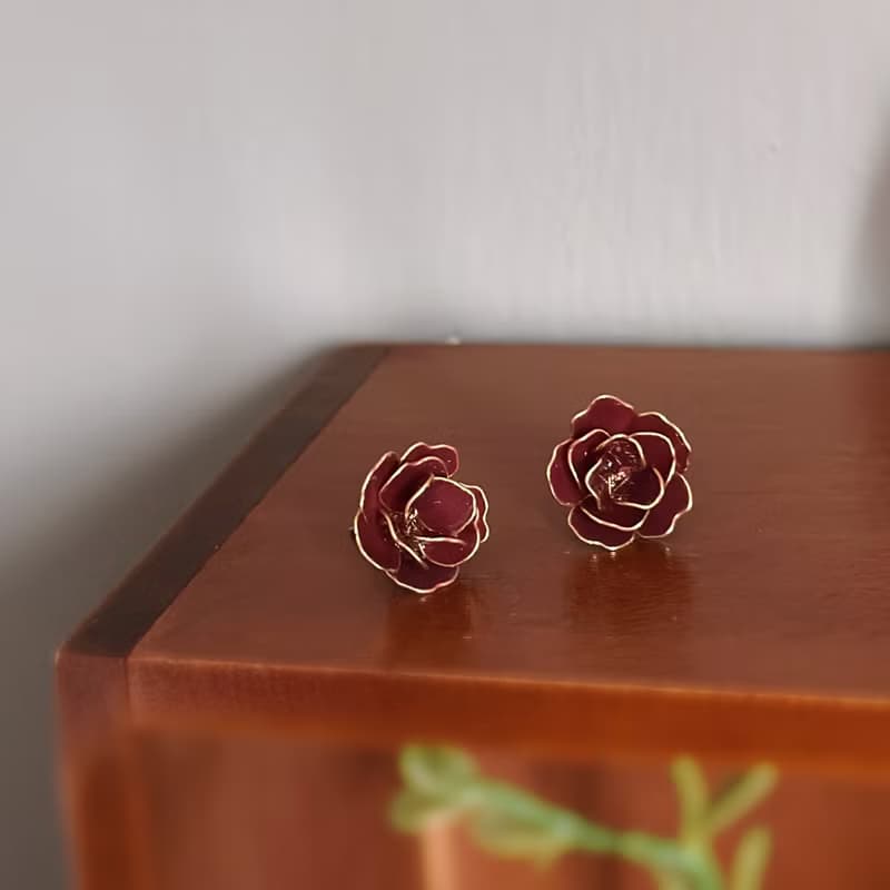 紅玫瑰 手作編織水晶花貼耳耳環 無痛耳夾 uv飾品