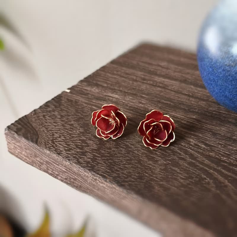 紅玫瑰 手作編織水晶花貼耳耳環 無痛耳夾 uv飾品