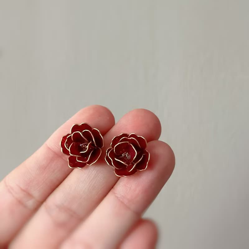 紅玫瑰 手作編織水晶花貼耳耳環 無痛耳夾 uv飾品