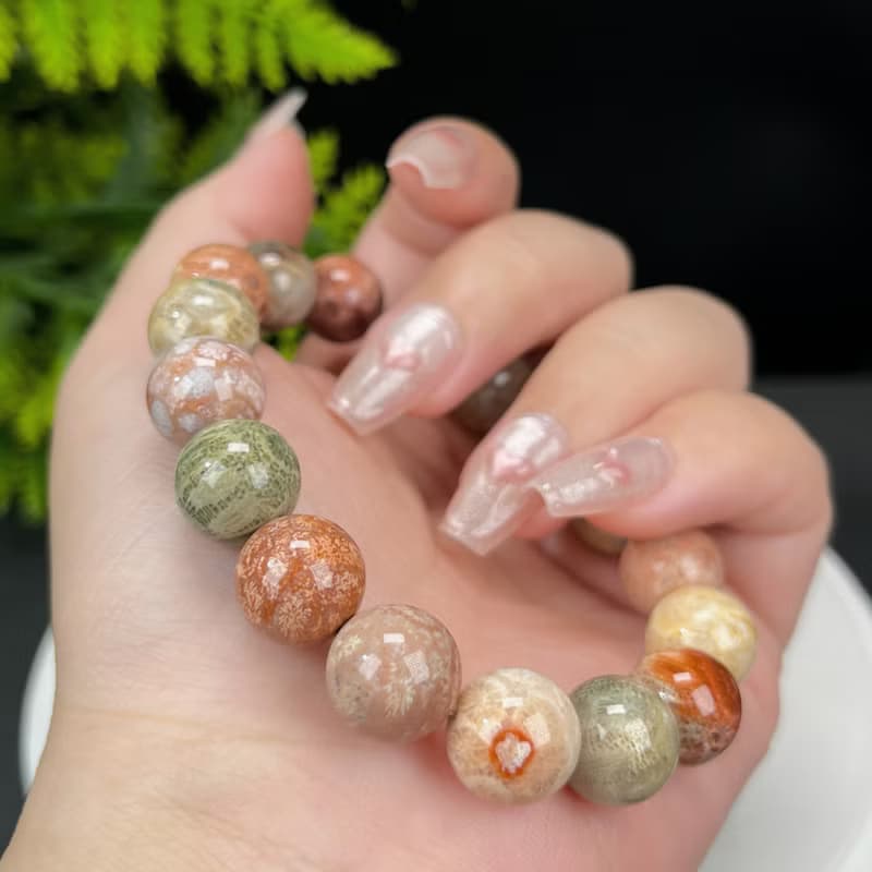 精品天然珊瑚玉手串冰潤高瓷多彩檸檬片鳳尾紋女手飾力量運勢12mm